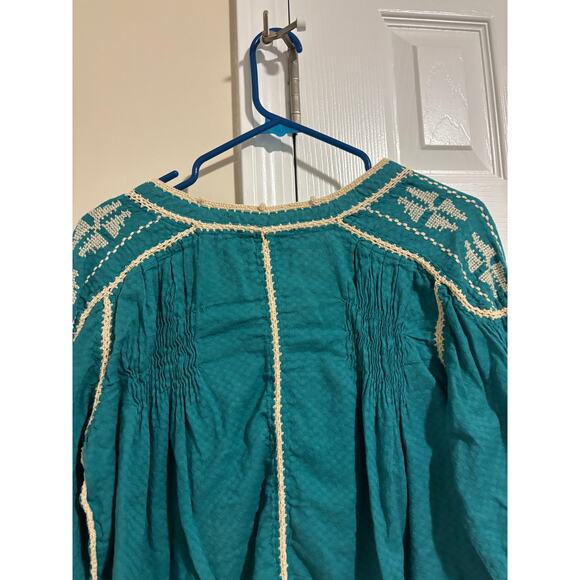 Sundance boho teal embroidered cotton top blouse - Picture 8 of 11